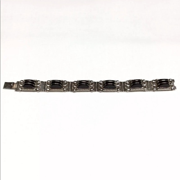 VINTAGE MEXICO ONYX STERLING SILVER CHEVRON BEADED PANEL BRACELET - Picture 3 of 5